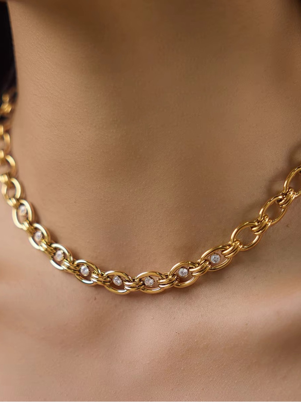 18K Gold Plated Cubic Zirconia Oval Link Chain Necklace
